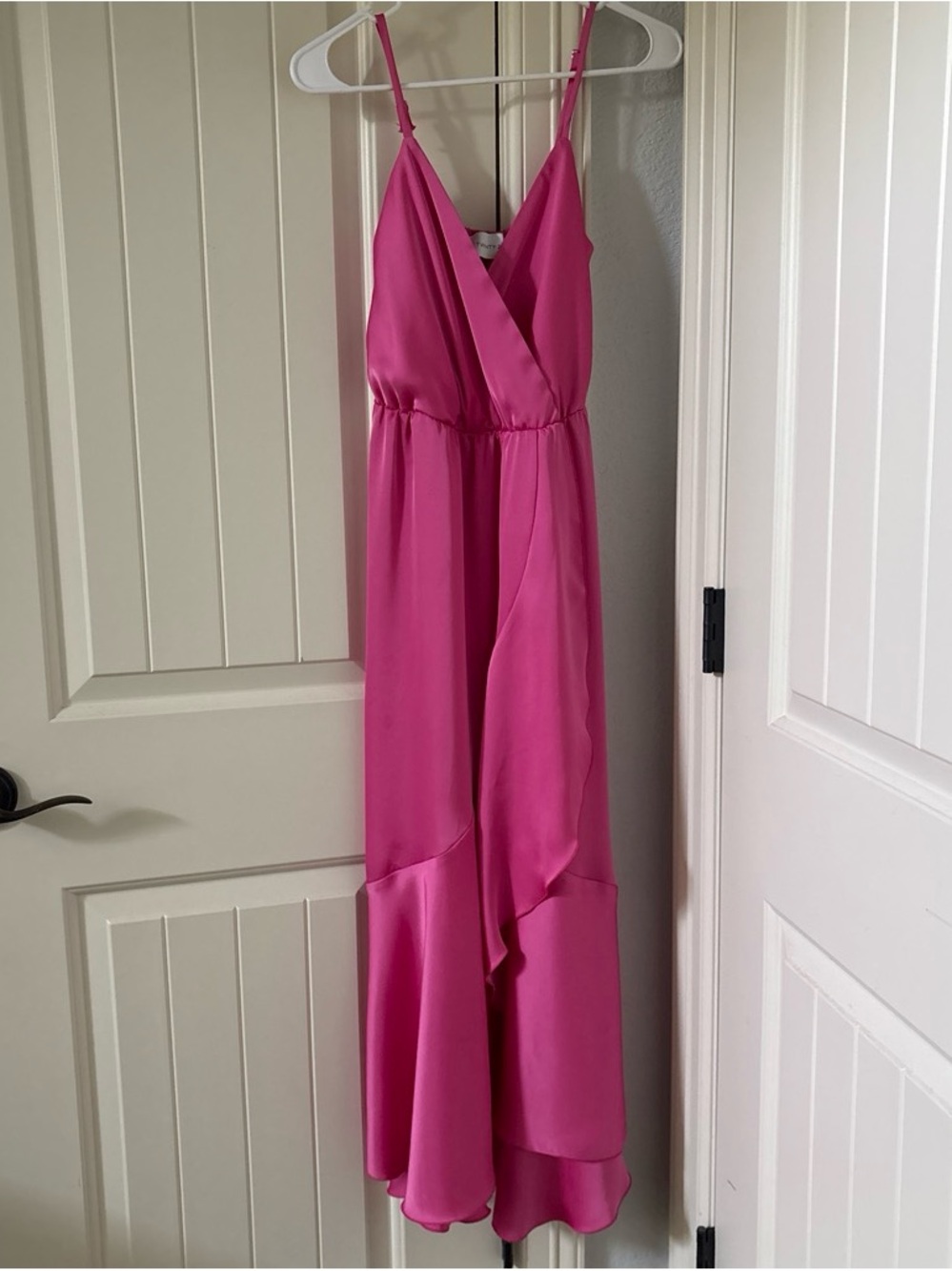 Twenty Hot Pink Satin High-Low V-Neck Spaghetti Strap Dress